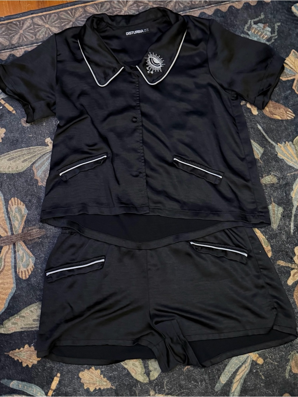 Disturbia Black Satin-Style Short Sleeve Pajama Set with White Piping